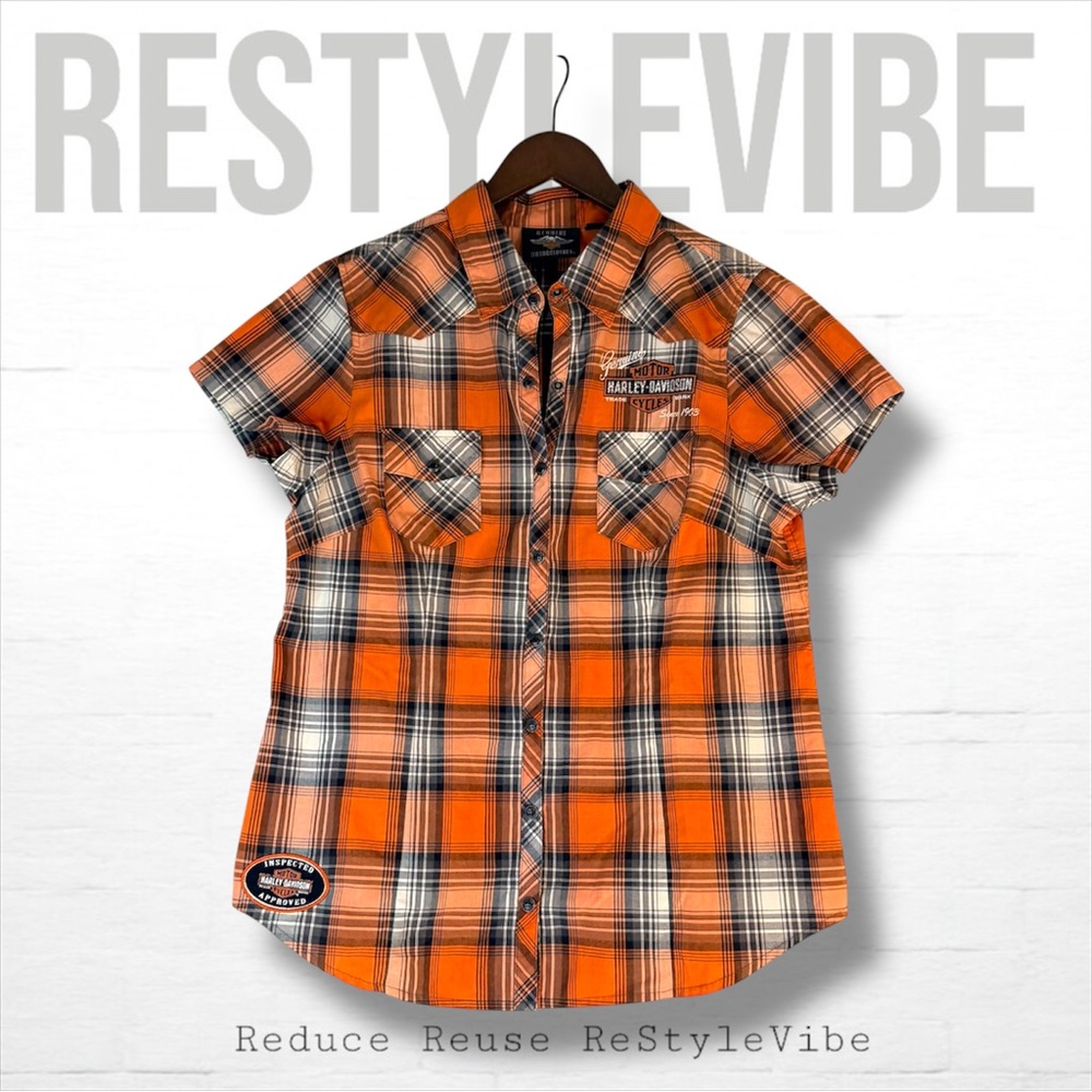 HARLEY-DAVIDSON Women’s Size L Shirt Snap Front Plaid Short Sleeve HD Logo
